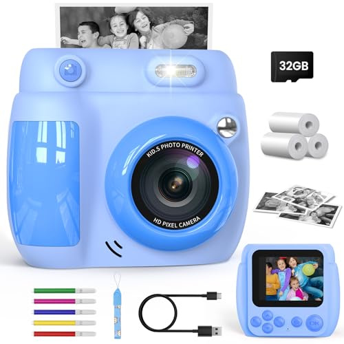 Gofunly Kids Camera Instant Print, 1080P 2.4'' Digital Camera for Kids with 32GB Card & 3 Rolls Print Paper, Birthday Gifts Toys for Boys Girls Ages 3-12,Blue