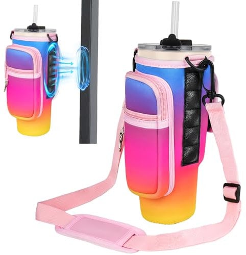 Magnetic Water Bottle Carrier Bag Compatible with Stanley/Meoky 40 oz Tumbler with Handle,Water Bottle Holder Pouch with Adjustable Shoulder Strap & Phone Pocket Fits for Stanley Cup Accessories