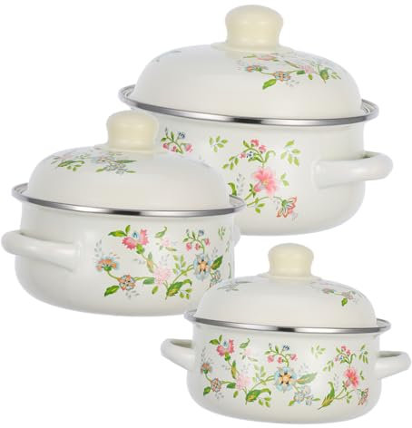 OUNONA 3 Piezas Ollas de Esmalte Retro con Cocción Olla de Sopa de Asas Hervir Lento y Cocinas Gas Inducción