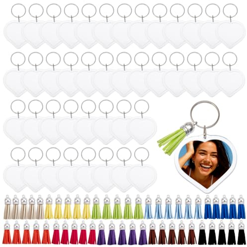 DELORIGIN 100 porte Clés en Acrylique avec Cadre Photo en Forme de Cœur et Pompons Petit Porte Clés Transparent avec Anneau pour Photo Idéal pour les Amoureux