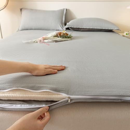 Futon-Matratzenbezug aus Baumwolle, gewaschene Streifen, japanische Tatami-Bodenmatte, Reißverschluss, wendbar, atmungsaktiv, hautfreundlich, für Schlafzimmer, Schlafsaal, Gästezimmer (Grau, 120 x 200