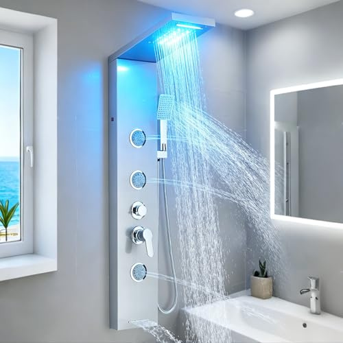Shower Panel with Mixer LED 6 Shower Modes: Rain and Waterfall 3 Body Massage Jets Handset and Bath Spout Stainless Steel Wall Mounted Shower Column Brushed Nickel Shower Panel
