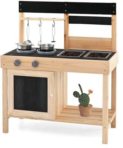 COSTWAY Matschküche Kinder Outdoor, Kinderküche Holz mit 11 Zubehör & Tafeln & 2 abnehmbaren Spülbecken, Spielküche Outdoor Küche für Kinder ab 2 Jahren