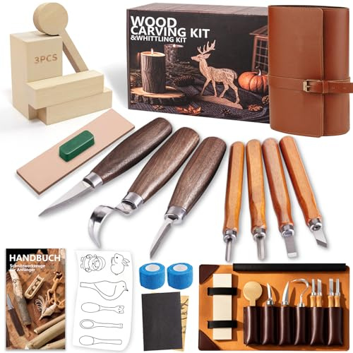 Bluvizo Schnitzmesser Schnitzwerkzeug Holz Schnitzset für Anfänger: Holzschnitzmesser Set 20-teiliges zum Schnitzen - HolzSchnitzset Carving Kit mit Anleitung und Lindenholz für Erwachsene