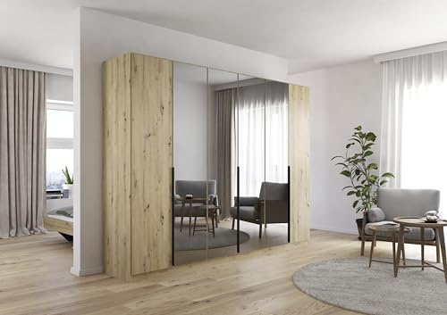 Rauch Möbel Skyla, Kleiderschrank, Farbe Eiche Artisan, Breite 271 cm | Schrank, 6-türig, mit Grauspiegel, für Schlafzimmer, Kinderzimmer, Jugendzimmer, Wohnzimmer, Garderobe, Flur
