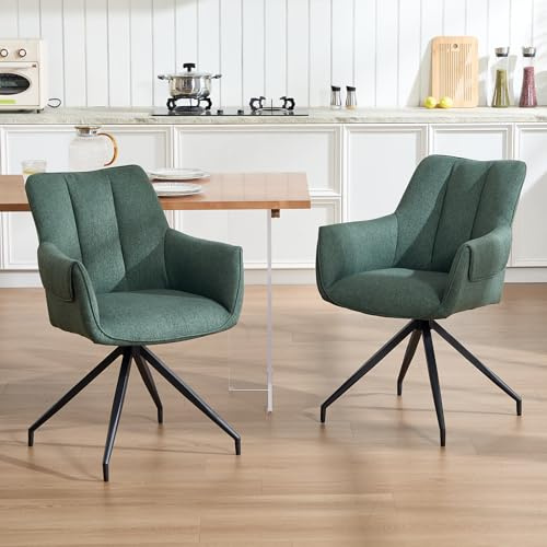 DAYALANE Drehbar Esszimmerstühle 2er Set, Drehstuhl Küchenstuhl mit Armlehnen Metallbeine aus Leinen, Polsterstuhl für Esszimmer Wohnzimmer Küche Schlafzimmer Lounge, Grün