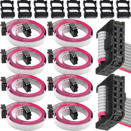 HAAMNING7 8 Stück Flachbandkabel mit 10-poligem IDC-Flachstecker (2,54 mm Rastermaß, 28 AWG, Buchse/Buchse) und 8 FC-10P-Steckern für Motherboards, 30 cm