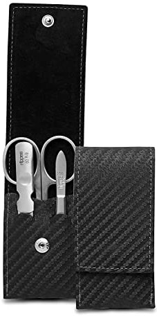 nippes Solingen Premium Line Maniküre Set Karbon, 3-teilig, Edelstahl rost- und nickelfrei, Rindsleder-Etui mit Reißverschluss, Schwarz, Nagelpflege Set, Pediküre Maniküre, Made in Germany
