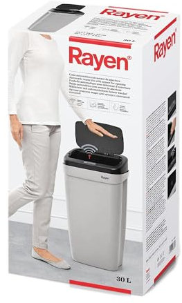 Rayen | Cubo de Basura Automático con Sensor de Apertura |Cubo para Cocina | Sensores Infrarojos | Prolipopileno | Tapa Desmontable | Gris/Negro | 30 L | 63.5 x 33.5 x 25 cm