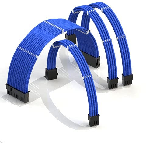 LINKUP - AVA 30cm PSU Cable Extension Sleeved Custom Mod GPU PC Braided w/Comb Kit | 1 x 24 P (20+4) | 1 x 8 P (4+4) CPU | 2 x 8 P (6+2) GPU set | 300mm - Blue