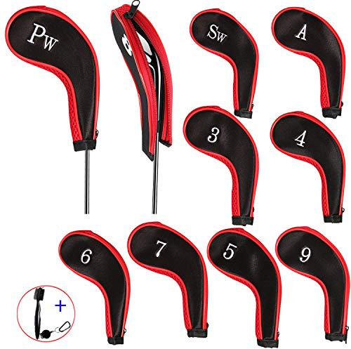 EDATOFLY 10 Pièces Capuchon de Golf Protection Club Golf avec Couvre Fer Golf, Long Cou Impression de Numéro et 1 Pièce Clubs de Golf Brosse (Noir + Rouge)