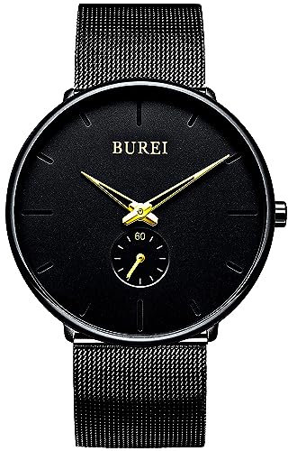 BUREI Herrenuhr Minimalistisch Schlank Schwarzes Zifferblatt Analog Quarz Uhr mit Schwarzem Mesh Armband