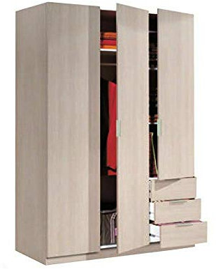 Dreitüriger Kleiderschrank mit Kleiderstange, Einlegeböden und Schubladen, Eichenfarbe, Maße 121 x 180 x 52 cm