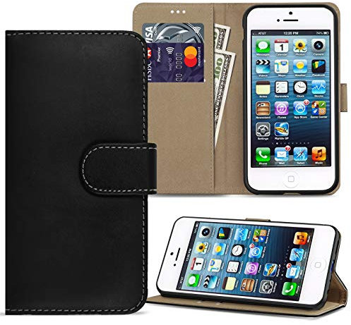Case Compatible with iPhone SE 2016 (Not for 2020) / iPhone 5S / iPhone 5, Premium Folio Flip Wallet Leather Phone Case Cover for Apple iPhone SE 2016 / 5S / 5, Black