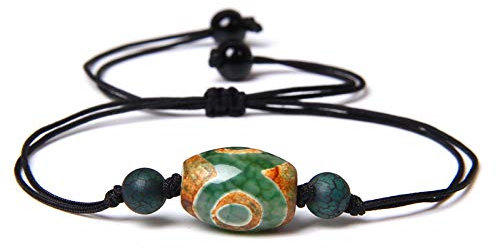 Gewebtes Armband,Schwarzes Seil Mit Ovalem Natürlichem Grünem Grünem Dzi-Achat Geflochtenen Verstellbaren Charm-Armbändern Tibetischer Buddhismus-Schmuck Weinlese-Glückliches Freundschaftsgesch