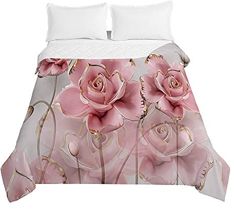 Surwin Tagesdecke Bettüberwurf Steppdecke für Doppelbett Einzelbett, Mikrofaser Wattiert Gesteppt Bettdecke 3D Rose Druck Dünne Tagesdecken mit Ultraschall Prägung (Blühende Blumen,180x220cm)