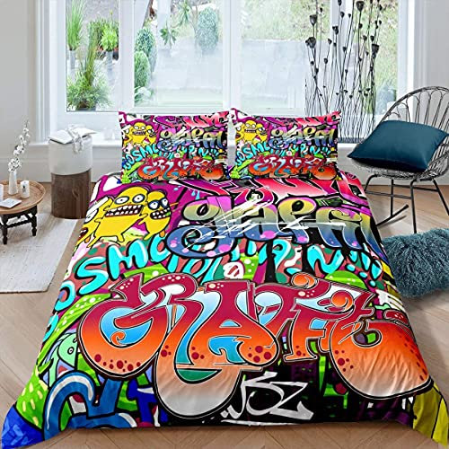 Homemissing Graffiti-Muster Bettwäsche-Set, Hippie-Stil, Graffiti-Stil, für Kinder, Jungen, Straßenkultur, Bettwäsche & Leinen, Einzelgröße, Raumdekoration