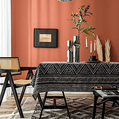 Lanqinglv Schwarz Tischdecke 140x300cm Baumwolle und Leinen Abwaschbar Geometrisch Muster Bohemian Vintage Rechteckig Gartentischdecke Küchentischabdeckung für Speisetisch