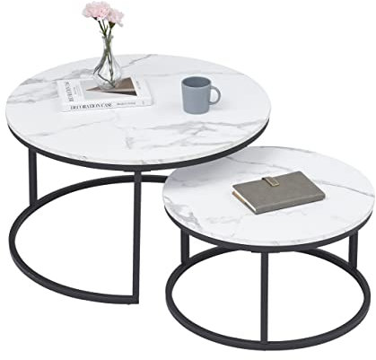 GrandCA HOME Lot de 2 Tables Basses Rondes Gigognes de Salon (Imitation Marbre), Grande : 80x80x45cm et Petite : 60x60x35cm,Blanc + Noir