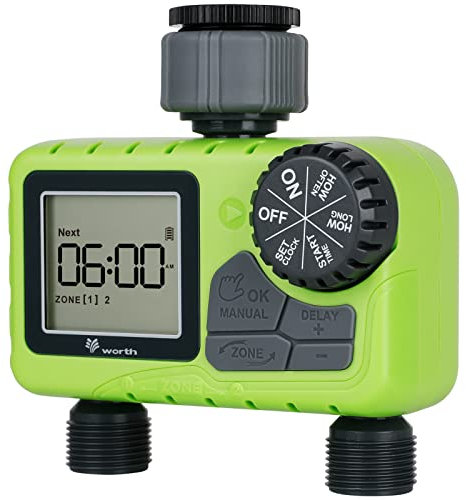 JonesHouseDeco 2 Salidas Independientes Programador de Riego Automático, LCD Temporizador Sistema de Jardín, Mangueras Riego Controlador de Agua El Acoplamiento de Grifo de Agua ¾Son Aplicables, IPX5