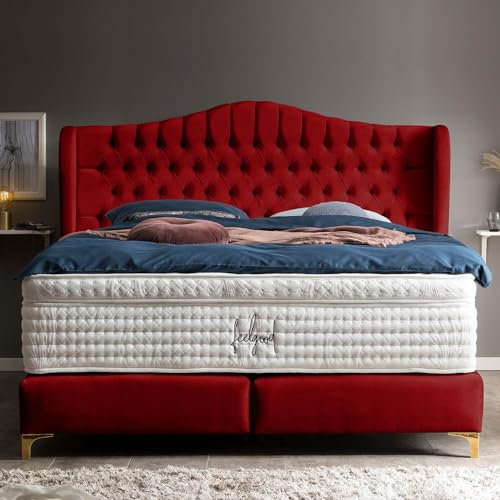Boxspringbett Maison 180x200 Samt-Stoff, mit Visco-Topper, Füße Gold-Optik, Hotelbett, ohne Bettkasten, 7 Zonen Taschenfederkern-Matratze, Aufbau KOSTENLOS (Rot, 180x200 cm mit Topper)