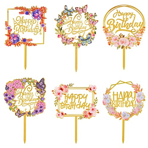 AIBAOBAO 6 Pcs Blumen Happy Birthday Cake Topper Set, Blumenkuchendekoration Acryl alles Gute zum Geburtstag Kuchendekoration verschiedene, Tortenstecker für Mädchen, Kinder, Hochzeit, Mutter