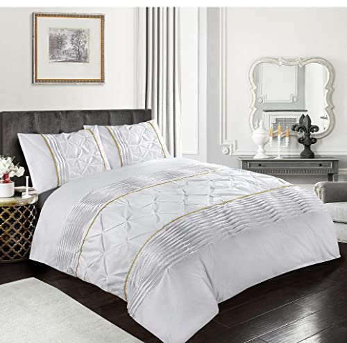 Eleanor Lux Pin Tuck Duvet Cover Set White Super King Gold Laced