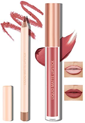 Boobeen Liquid Matte Lipstick and Lip Line Pencil Set, Nude Red Lip Makeup Longwear Waterproof Lipliner Pens & Velvet Lip Stain Lip Gloss Smooth Matte Lip Color Make Up Gift Set