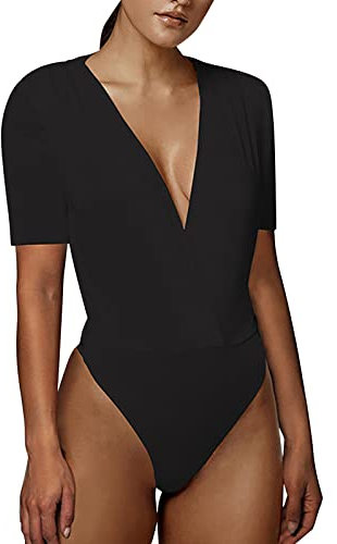 Frauen V-Ausschnitt Sexy Jumpsuit Set Langarm Feste Tops Bodysuit Overall Langarm Sexy Kurzer Strampler Latex Handschuh Sexy Jumpsuit Damen Lang