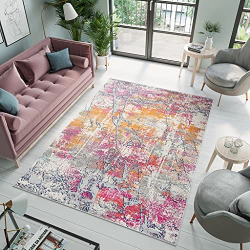 TAPISO Denver Tappeto Pelo Corto Soggiorno Sala Ufficio Camera Cameretta Design Moderno Motivo Astratto Sfumato Multicolore Tonalità di Rosa Arancione Grigio 80 x 150 cm
