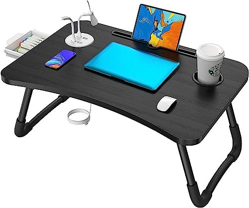 Elekin Mesa para Portatil Cama Negro Mesa Plegable para portátil multifunción con Soporte USB y Taza para sofá pequeño Presente (lámpara de Mesa pequeña, Ventilador pequeño)