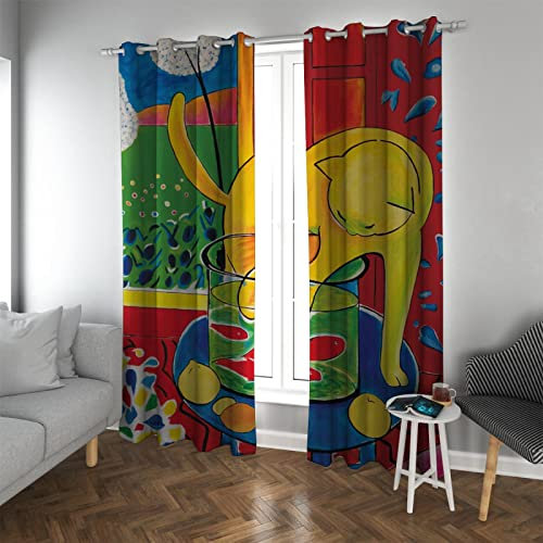 LANDOCROWN Rustique coloré Thermique Isolé Rideau occultant Chat mignon et Poissons Rideaux pour Enfants Salon Beaux rideaux de style Dessin Animé 183 x 117 cm