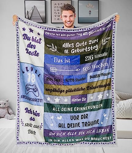 Adolgutty 18. Geburtstag Junge Geschenke zum 18 Geburtstag Junge, Geschenkideen 18 Geburtstag Junge 18 Geburtstag Geschenk Junge für Freund Sohn Bruder, Flauschige Kuscheldecke 150x200cm