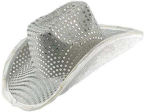 Halloween Hut halloween kostüm damen halloween 2 Rosa Western-Cowboyhut für Damen mit gefiedertem Silberrand und beleuchteter Krempe, stilvolles und auffälliges Accessoire Cowboy (Silver, One Size)