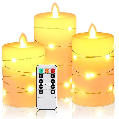 LED Flameless Candle, HIYAA LED Candles with Embedded String Lights, 3 Pack Battery Operated Candles with Remote Control, 24-Hour Timer Function, Dancing Flame, Real Wax