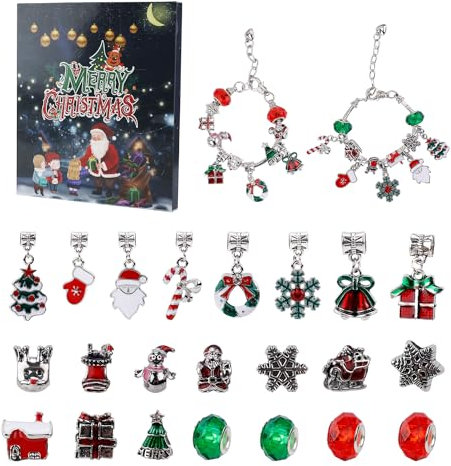 24pcs Weihnachts Countdown Armbänder Maker Kit für Weihnachts Countdown Adventskalender 24 Tage DIY Weihnachtsarmband Geschenk 22 Charm-Perlen und 2 Armbänder für Jungen