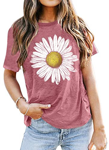 Damen Sonnenblume T-Shirt Frauen Tshirt mit Sonnenblumen-Motiv Sommer Kurzarm Shirt für Frau...… (Rosa-a,L)