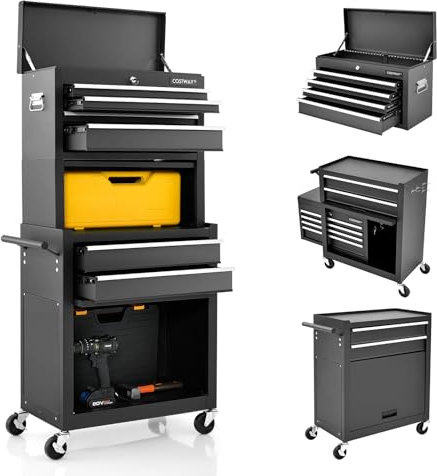 COSTWAY Large Rolling Tool Cabinet, 2-in-1 Detachable Metal Tool Chest with Drawers, Wheel, Handle, Hooks & Pegboard, Lockable Tool Box Trolley for Garage Workshop (with Middle Compartment, Black)