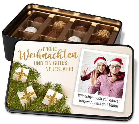 True Statements Pralinendose personalisiert „Frohe Weihnachten und ein gutes neues Jahr!“ mit Bild/Foto und persönlichen Grüßen - 12 Confiserie-Pralinen in Metalldose – Schokolade Geschenk