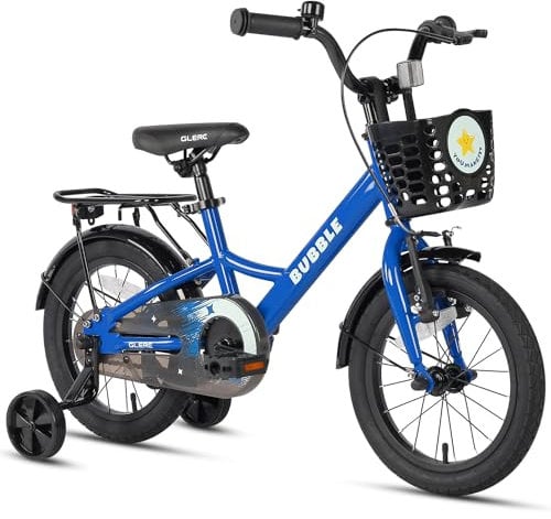 Glerc Bubble 14 Zoll Kinderfahrrad für 3 4 5 6 Jahre alte Jungen und Mädchen mit Korbstabilisatoren und Gepäckträger, Blau