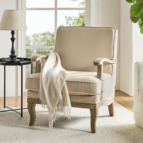 HULALA HOME Mid-Century Modern Accent Chair, Upholstered Lounge Arm Chair with Solid Wood Legs and Armrest, Removable Cushion Comfy Retro Reading Armchair for Living Room, Bedroom, Balcony, Linen