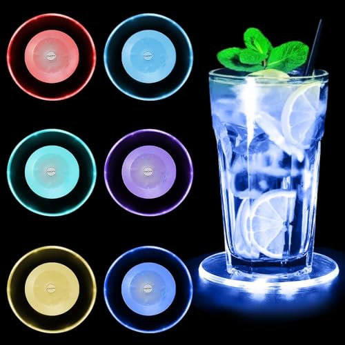 innislink 6er Bunt LED Untersetzer, LED leuchtende untersetzer, wasserdichtes Leuchtuntersetzer Rund mit 7 Lichtmodi,acryl Leuchtende für Getränke für Gläser Flaschen Partys Hochzeiten Bar Weihnachten
