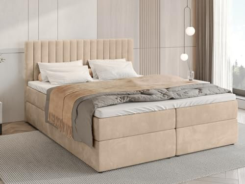 BROMARKT Boxspringbett mit Bettkasten Polsterbett mit Bonell-Matratze und Topper Doppelbett mit Stauraum Bett für Schlafzimmer gepolstertes Kopfteil Dream 140x200 Härtegrad H3 Samtstoff Beige