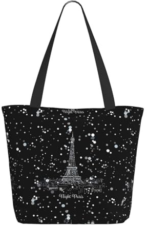 RAXER Night Paris Eiffelturm Damen-Tragetasche, große Handtasche, bedruckt, weiches Polyester, Schultertasche mit Reißverschluss, für Freizeit, Schule, Arbeit, Schwarz , Einheitsgröße