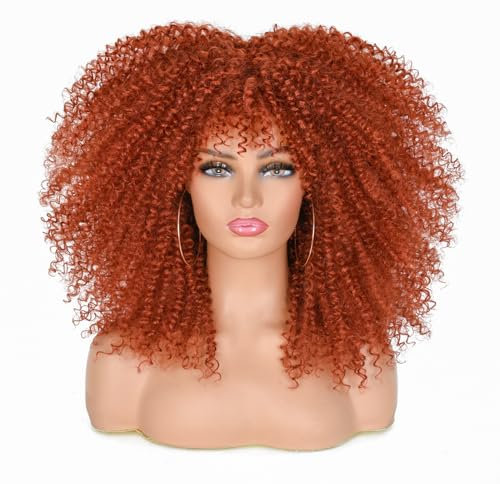 ISAMY Lange lockige Perücken für Schwarze Frauen Afro Bomb Curly Perücke mit Pony Synthetische Faser Klebefrei Lange Afro Kinky Curly Haar (Kupfer)