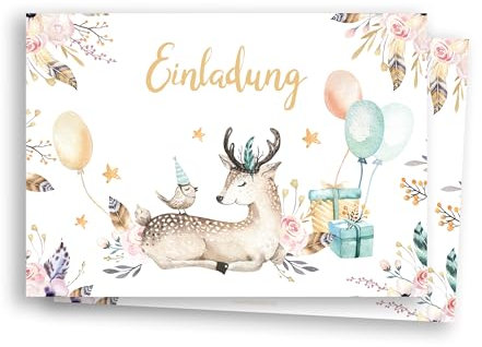 Friendly Fox Aquarell Reh Einladung, 12 Einladungskarten Rehkitz zum Kindergeburtstag, DIN A6 Einladungskarten Junge Mädchen, Waldtiere Reh