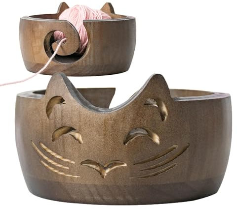 TILEZE Cuenco de hilo de gato, cuenco de punto para ganchillo, soporte de hilo hecho a mano, soporte de hilo de ganchillo duradero, cuenco portátil de punto en forma de gato, soporte para bolas de