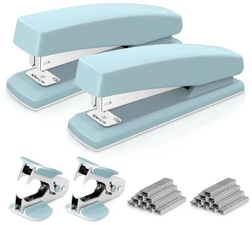 Deli Heftgerät, Schreibtischhefter, 2er-Pack, Bürohefter, 25 Blatt Kapazität, inklusive 2000 Heftklammern und 2 Heftklammerentferner, 2 Stück, Blau
