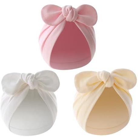 3 Stücke Neugeborene Baby Mütze Baby Bowknot Turban Hüte Baumwolle Dehnbare Hüte Atmungsaktive Warme Mütze Knoten Kindergarten Krankenhaus Kappe für Mädchen Jungen Säuglinge Kleinkinder (Baumwolle, A)