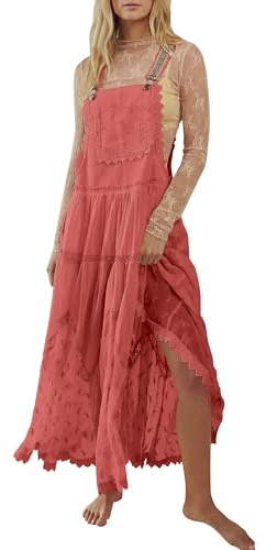 Gacaky Summer Dress for Women Casual Floral Embroidered Bohemian Dress Adjustable Straps Bib Maxi Flowy Dresses with Pockets, Rose, XXL